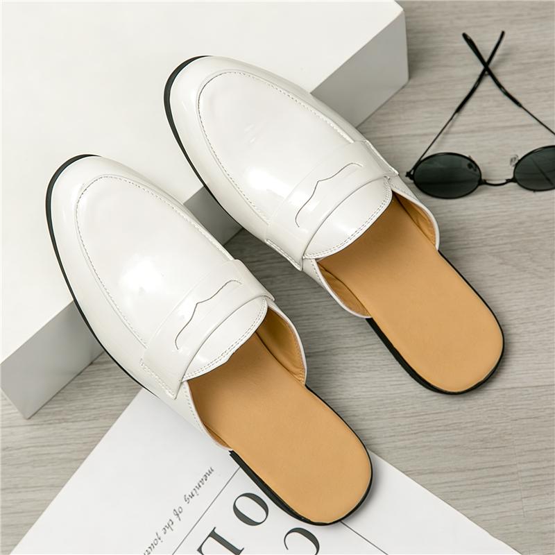Fashion New Men's Black White Half Slippers Penny Loafers Casual Patent Leather Mules Moccasins Breathable Slip On Shoes