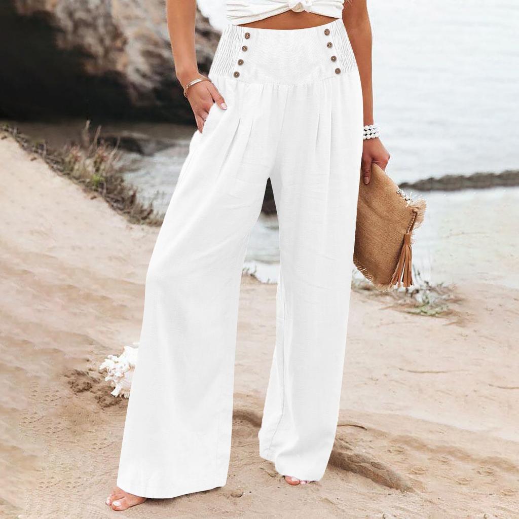 Summer Cotton Linen Wide Leg Pants Women Loose Palazzo Pant Pocket Elastic Waist Button Casual Pants