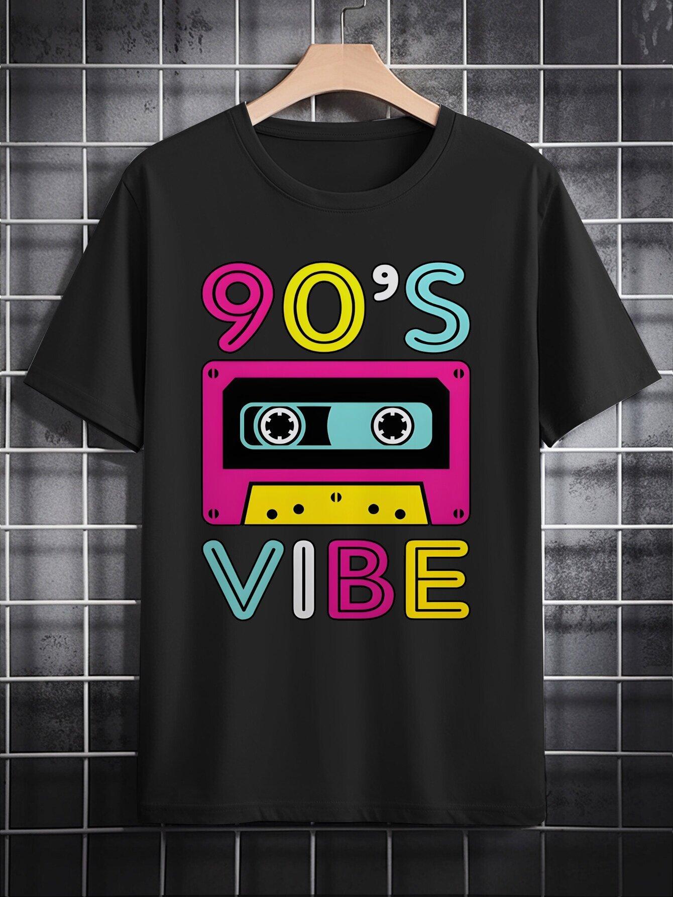 Retro 90s Vibe Graphic T-shirt - Black Casual Crew Neck Tee with Colorful Cassette Tape Design XXXXL