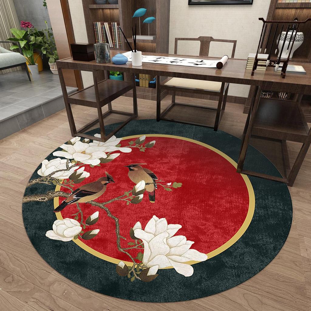 Round Chinese Style Pattern Carpet With Floral Bird Ginkgo Leaf Koi Fish Bamboo Soft NonSlip Rug For Living Room Study Bedroom