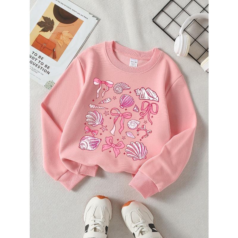 European Sizes Girls Soft Crewneck Sweatshirt Pink Seashells Bows Stars Pattern, Casual All-Match, Ideal Holiday Present