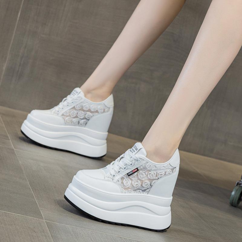 New autumn breathable wedge heel women's shoes lace mesh cm thick sole inner height increase casual white shoes