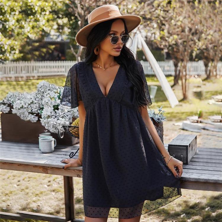 V Neck Short Sleeve Casual Women Dress High Waist Solid Sexy Jacquard Summer Spring S M L XL Yellow Blue Black