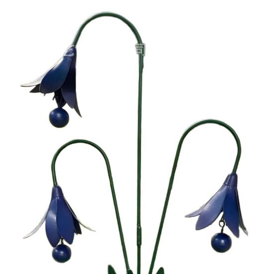 Triple Bluebells Garden Stake with Bells, Handmade Metal Flower Yard Art, Rustic Decorative Outdoor Wind Bell Stakes for Lawn Patio Outdoor Decor