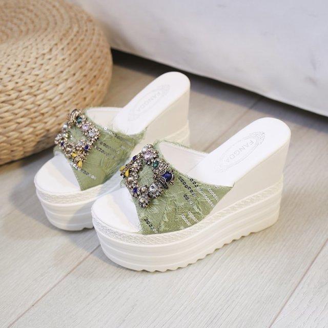 Kristall-Plateau-Slipper Damen Sommer Plateau-Keil-Slipper Damen Sandalen High Heels Slipper Strand-Slides Damen Designer 11cm