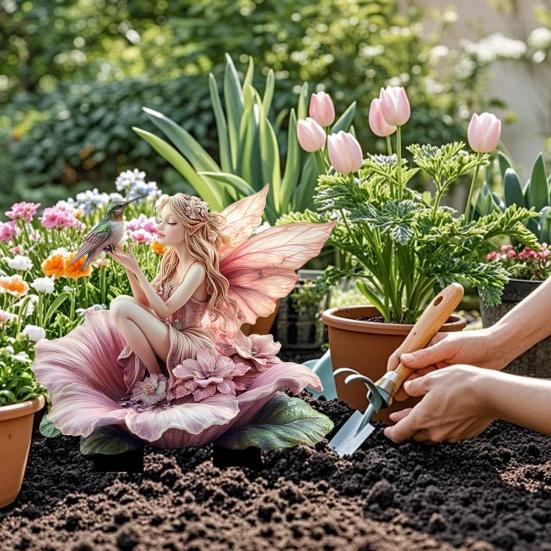 Flower Fairy Garden Stake, 2D Acrylic Fairy Decoration, Flower Fairy Hummingbird Yard Art Stake, Waterproof Outdoor Decor for Lawn Flower Bed