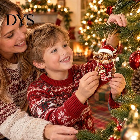 Healing Atmosphere Hanging Ornaments Highland Cow Christmas Ornament Set, 2D Flat Wooden Tree Accessories Decor with String, Holiday Party Decoration