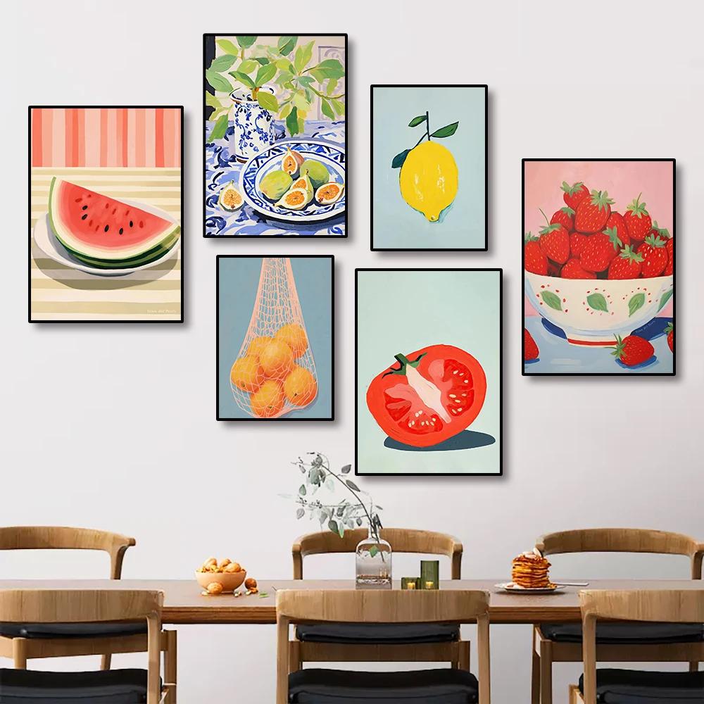 Colorful Modern Abstract Fruit Canvas Prints Maximalist Peach Strawberry Watermelon Wall Art Poster for Living Room Home Decor