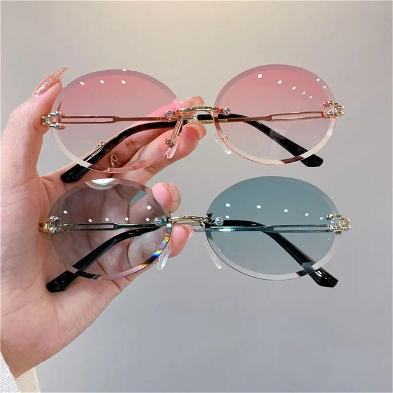 Fashion Vintage Cat Eye Metal Frame Rimless Sunglasses Retro Women Gradient Multicolor Women Outdoor Travel Sun Glasses