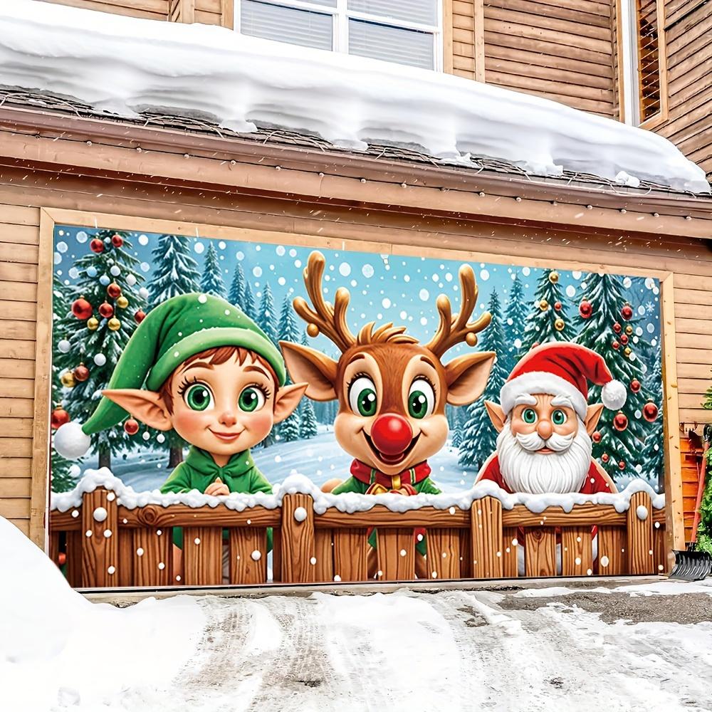 A Christmas Garage Door Decoration Banner for a Holiday - Santa Claus, Reindeer, and Elves In Fence Design