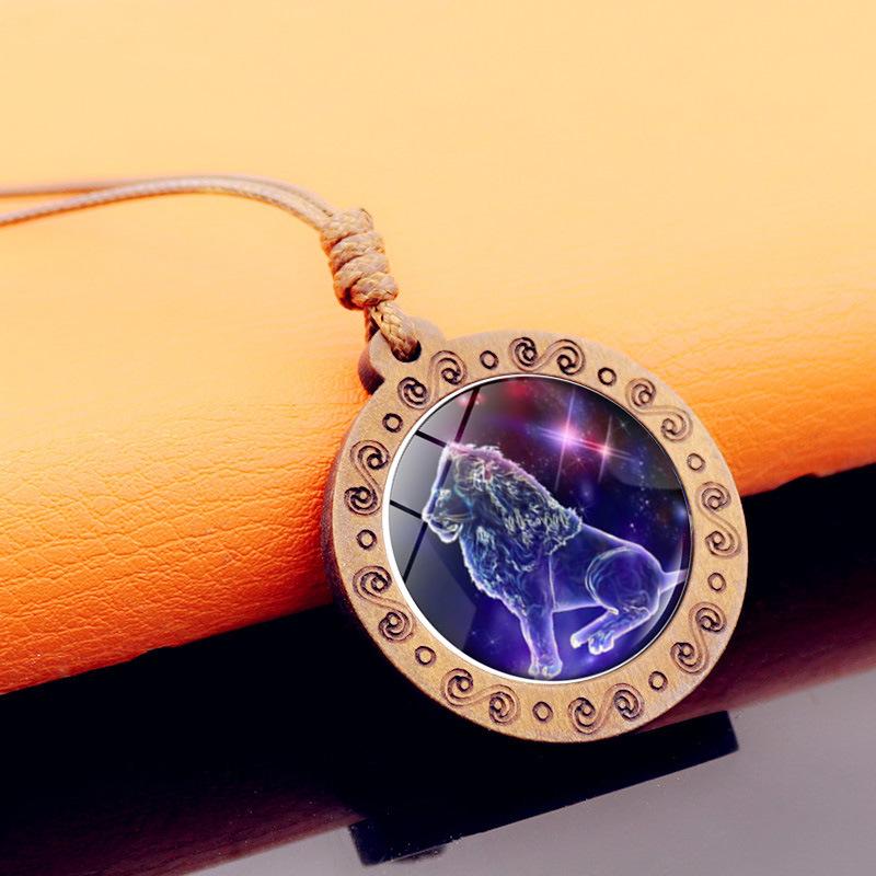 Twelve Constellations Time Glass Wooden Retro Brown Wax Rope Male and Female Couple Birthday Gift Pendant Necklace