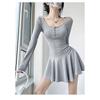 Sexy Pure Desire Ballet Style U-neck Waist Pleated Skirt Long-sleeved Dress Women's Summer High-waisted Shorts Two-piece Set