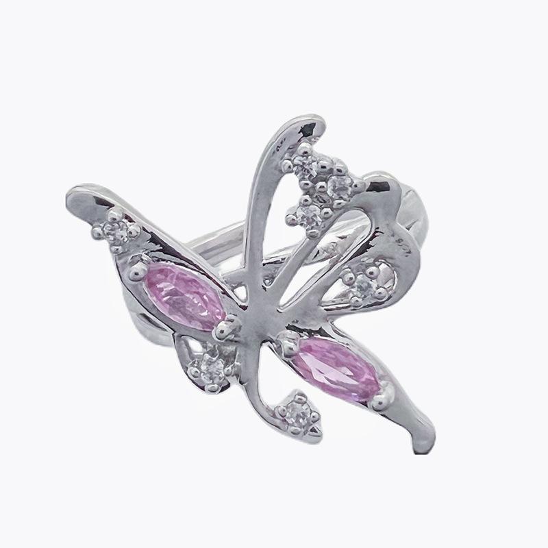 Sweet And Cool Pink Love Full Of Diamonds Zircon Butterfly Open Ring Candy Light Luxury Niche Design Advanced Sense Index Finger Ring