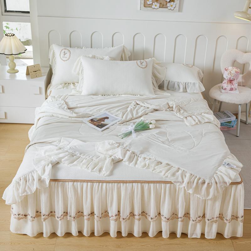 Romantic French Lace Ruffle Bed Skirt Ice Silk Cool Mattress Cover With Summer Quilt Pillowcases