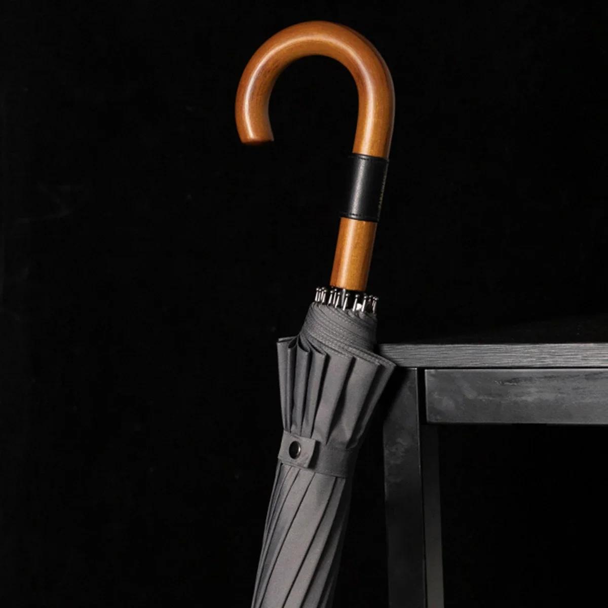 Большой зонт деревянный ветрозащитный 16 спиц деловой японский зонт с длинной ручкой — фото 3