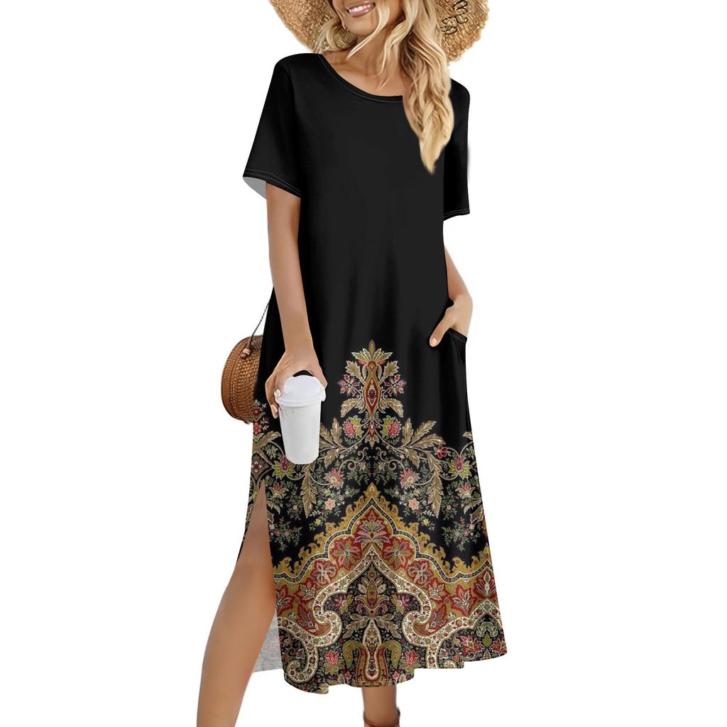 Damenmode Sommerkleid mit Farbblock-Patchwork-Print, lässiges Strandkleid, schmales Urlaubskleid