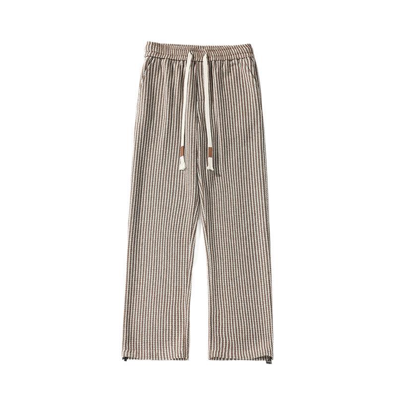 Men's American Retro Coffee Brown Striped Sweatpants - Straight Leg, Loose Fit, Heavyweight, Drapey Wide Leg for Spring/Autumn