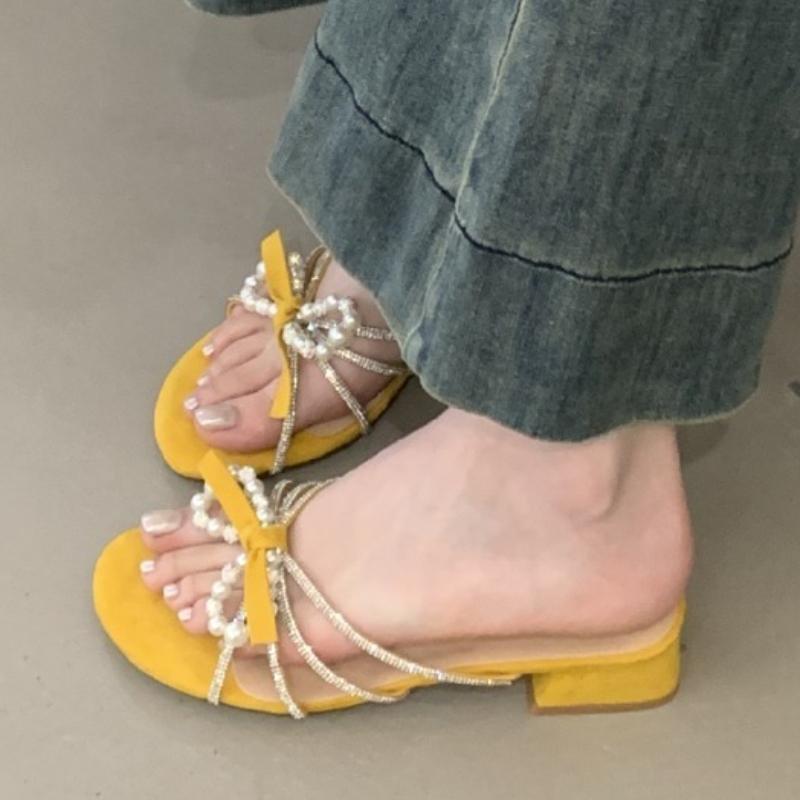 

Fashion Luxury Rhinestone Pearl High-heeled Sandals Women Sweet Bow Open Toe Narrow Strap Designer Shoes Comfortable Satin Brand Sandals 35 жёлтый