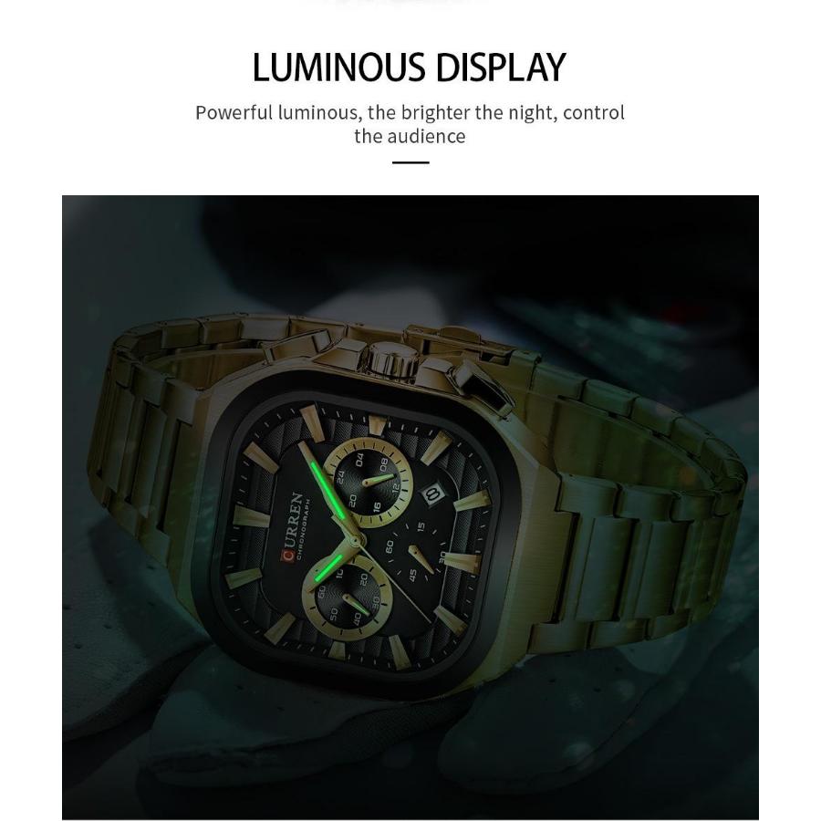 CURREN Men Square Quartz Watch Multifunction Chronograph Green Dial Waterproof Calendar Stainless Steel Mens Business Wristwatch