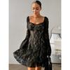 Fashion 2025 Spring Lady Sexy Dress Black Lace Square Collar Long Sleeve Skirt