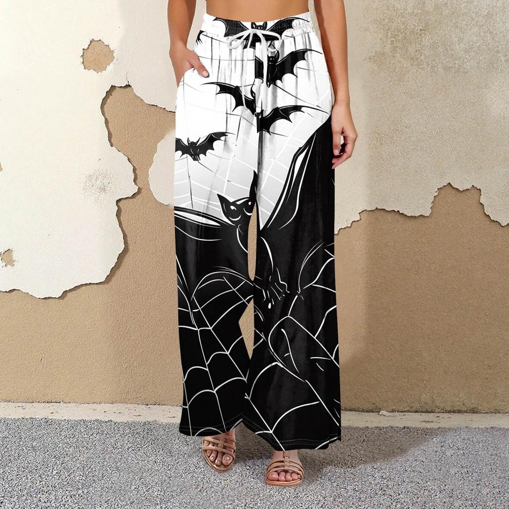 Women's Printed Wide Leg Pants With Pockets High Waist Drawstring Loose Casual Pants