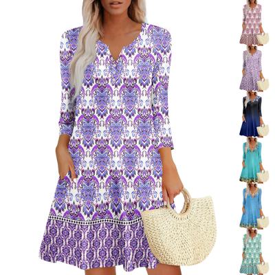 Women's Summer Dress Loose V Neck Three-quarter Sleeve Sundress With Pockets Dress