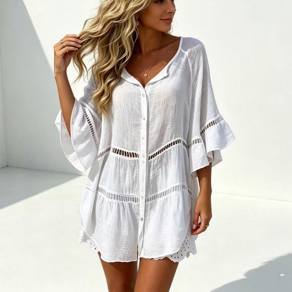 Women's V Neck Button Front Beach Cover Up Dress, Flared Three Quarter Sleeve Hollow Cutwork Loose Plus Size Tunic Shirt Dress