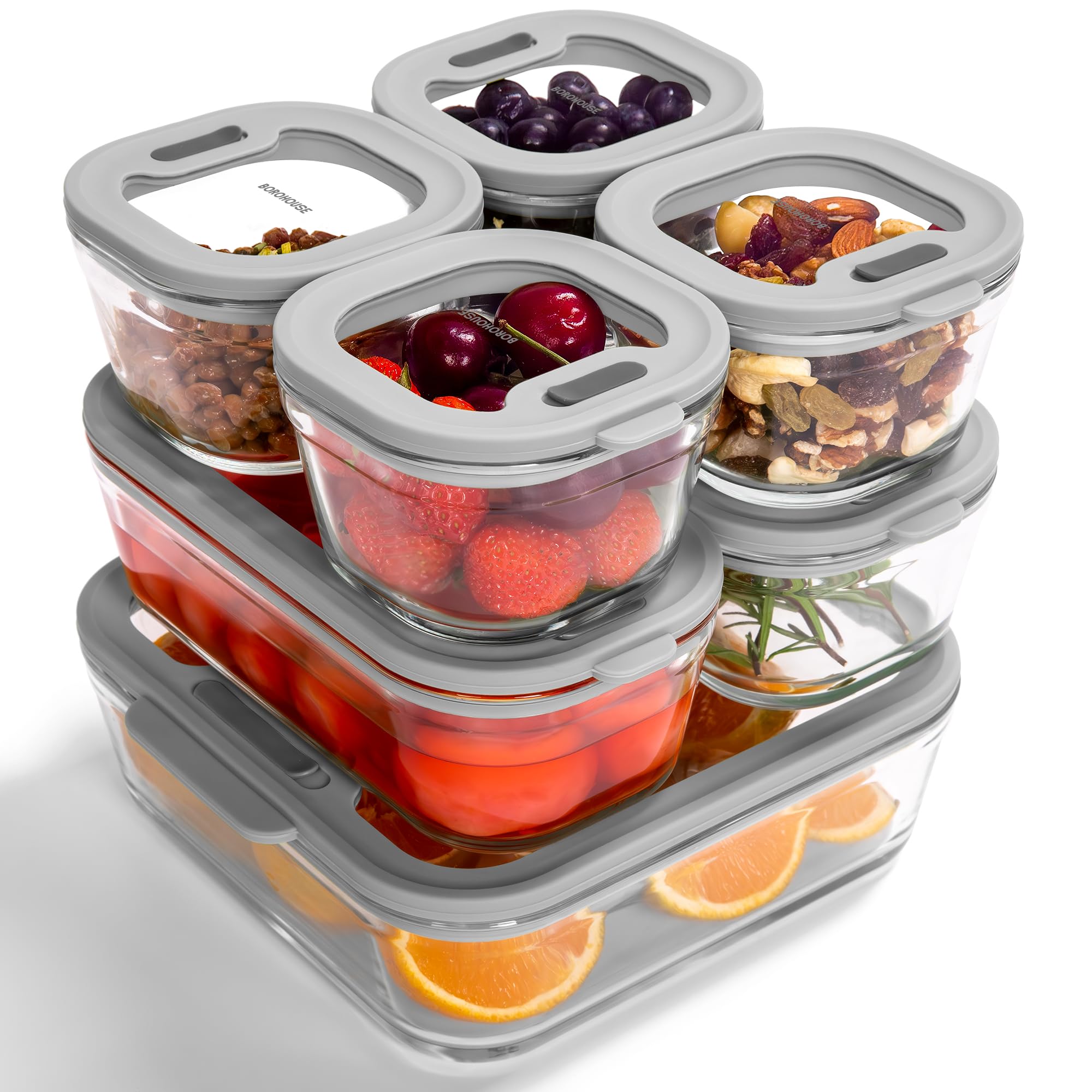 

BOROHOUSE Glass Storage Container Set of 7 x 560ml x 1370ml x and Freezer Silicone Suitable for Baby Meal and Dish Storage Gray Heat-Resistant (240ml серый