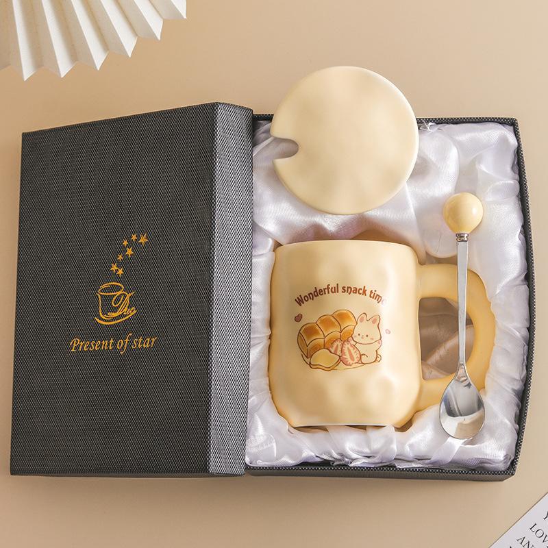 Cute Milk Fufu Cup Bread With Lid Spoon Wind Girls Ceramic Coffee Breakfast Cup Office