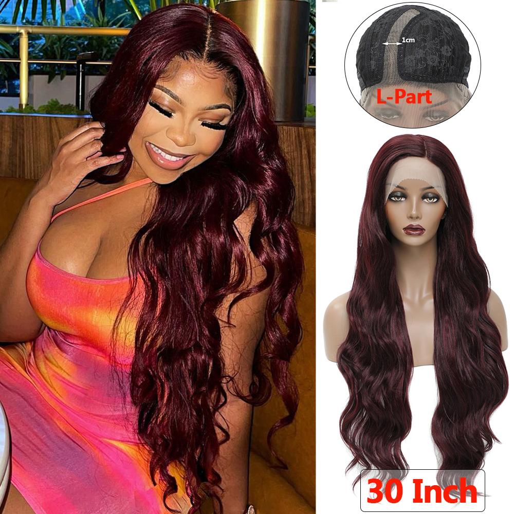 SOKU Burgundy Synthetic Lace Front Wig For Women 30 Inch Long Body Wave Side Part Transparent Lace Wigs Heat Resistant Fiber
