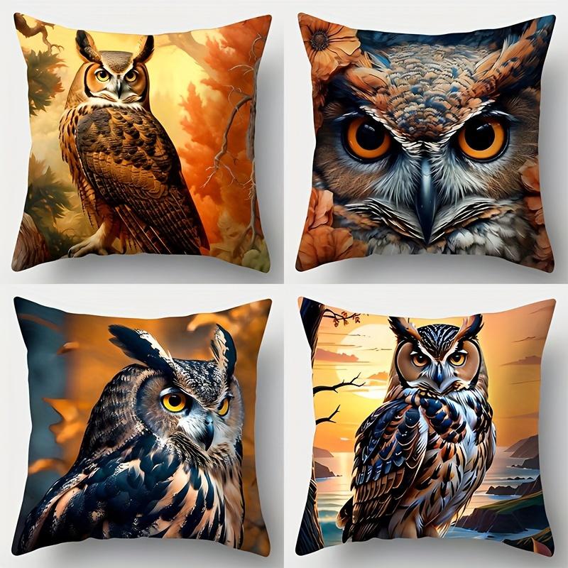 4Pcs Realistic Owl Pillow Covers, Autumn Forest Sunset Decorative Throw Pillow Cases, Nature Home Decor Double-Sided Printed Peach skin 18*18(CM)-4Pcs