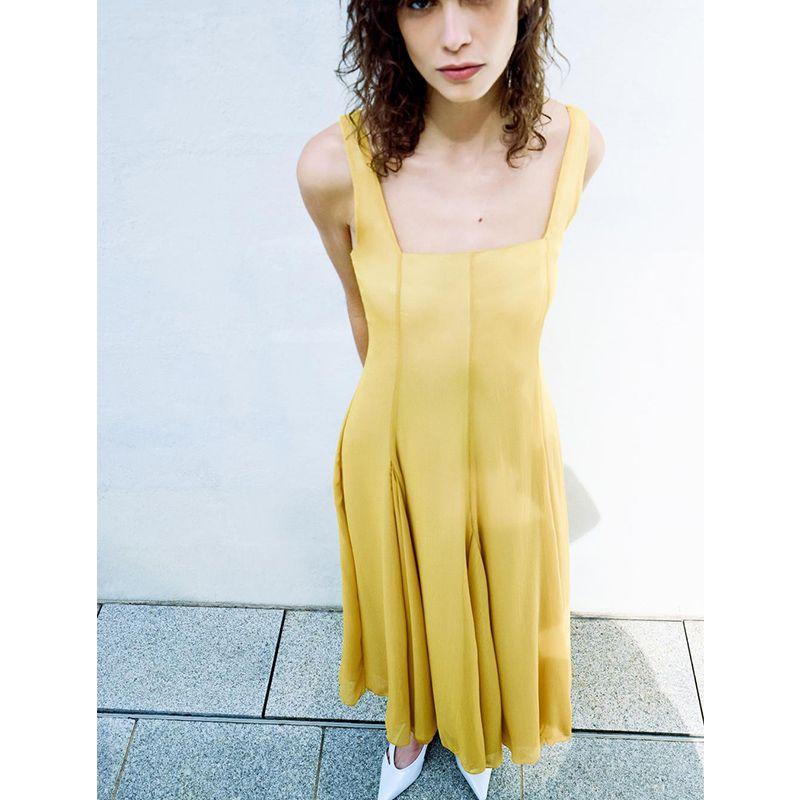 Summer Women's Pleated Hem Asymmetric Design Wide Shoulder Strap Square Collar Midi Skirt Dress 3024375