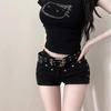 Low-Waist Black Denim Shorts for Women - Heavy-Duty Rivets, Tight Fit, Super Short, Perfect for Spring and Summer.
