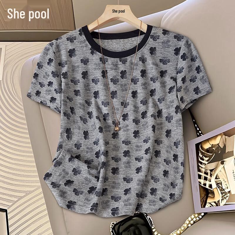 Women s Round Neck Floral Print Short Sleeve T-Shirt S