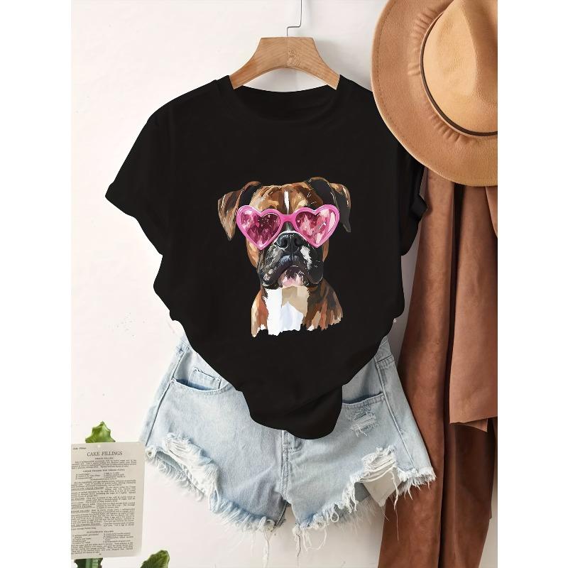 European Size Women's Boxer Dog T-Shirt with Pink Heart Fashion Glasses & Boxer Puppy Print - Cute Boxer Breed Tee for Pet Owners