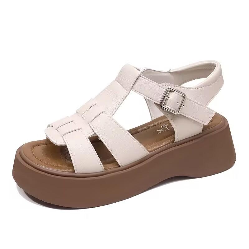 Real soft leather foreign trade platform shoes Roman sandals women's muffin bottom hollowed out non-slip soft sole word casual beach shoes women