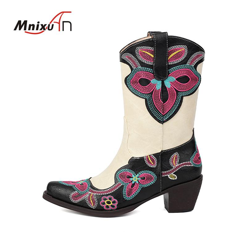 Dámské boty v mixu barev, patchworkové kovbojské boty v západním stylu, podzimní a zimní, nové, čtvercové, robustní, vysoké podpatky, gotické kotníkové boty, dámské boty