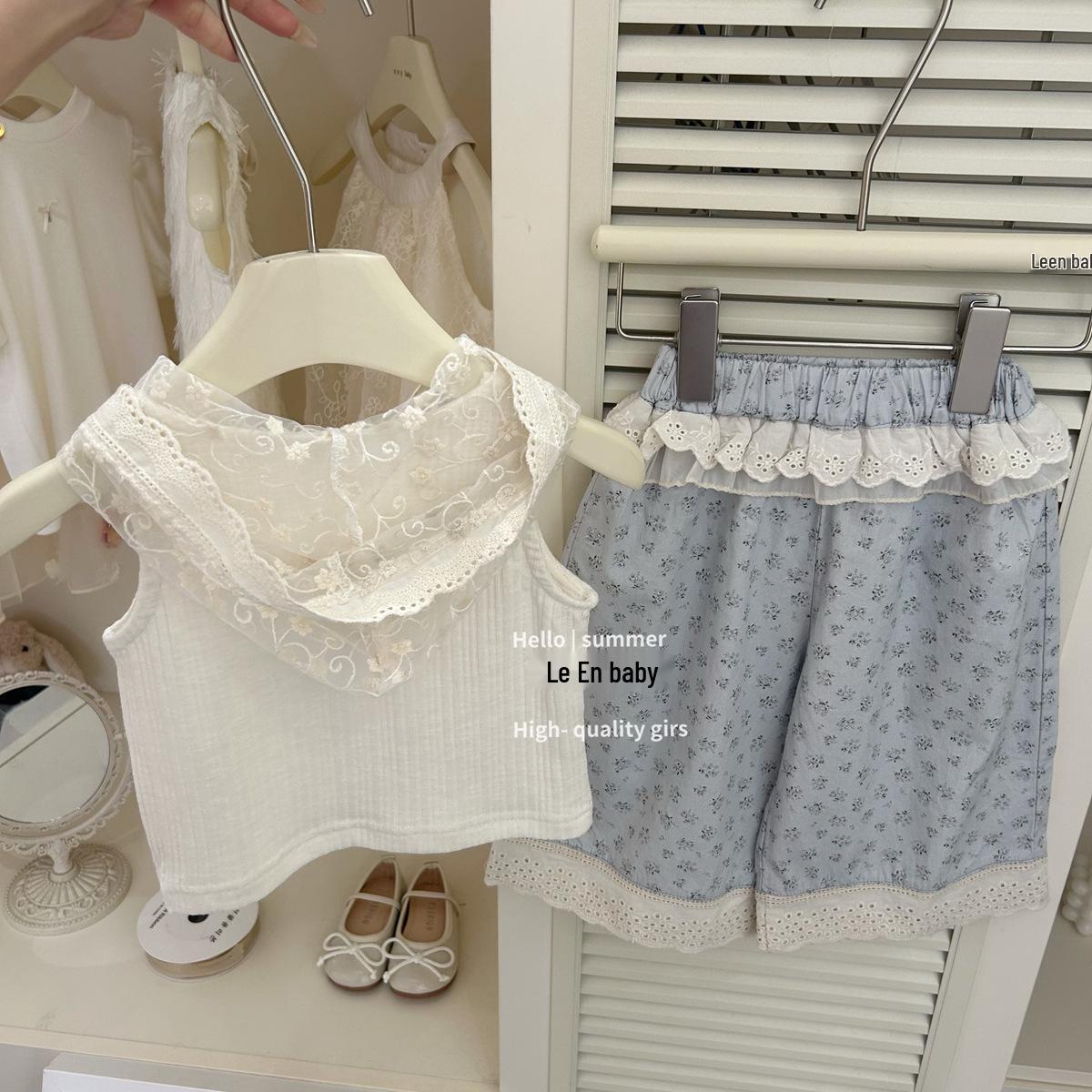 

Girls Beige Hooded Top and Blue Floral Lace Pants Set 80 cm