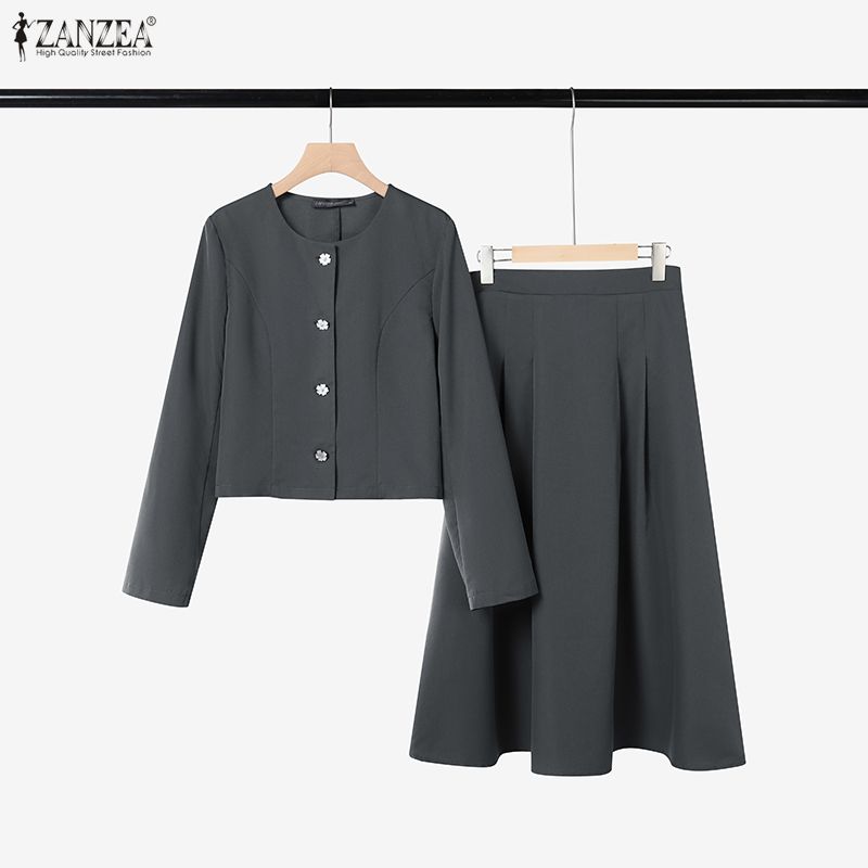 ZANZEA Damska Bluzka z Długim Rękawem i Spódnice Casualowe Zestawy Dwuczęściowe
