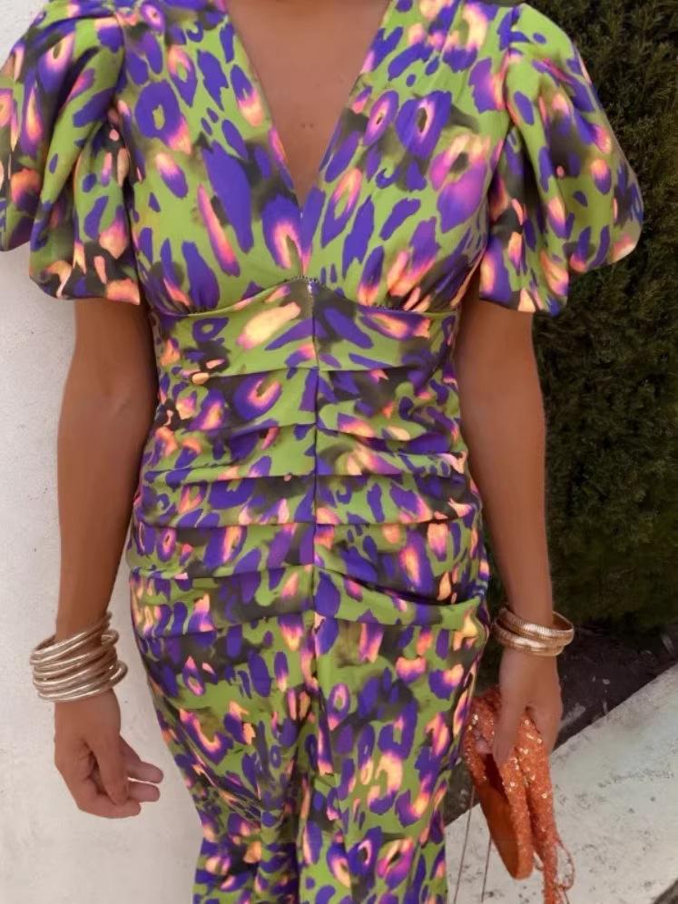 V-neck new printed casual V-neck tight-fitting hip-wrapped waist bubble short-sleeved dress
