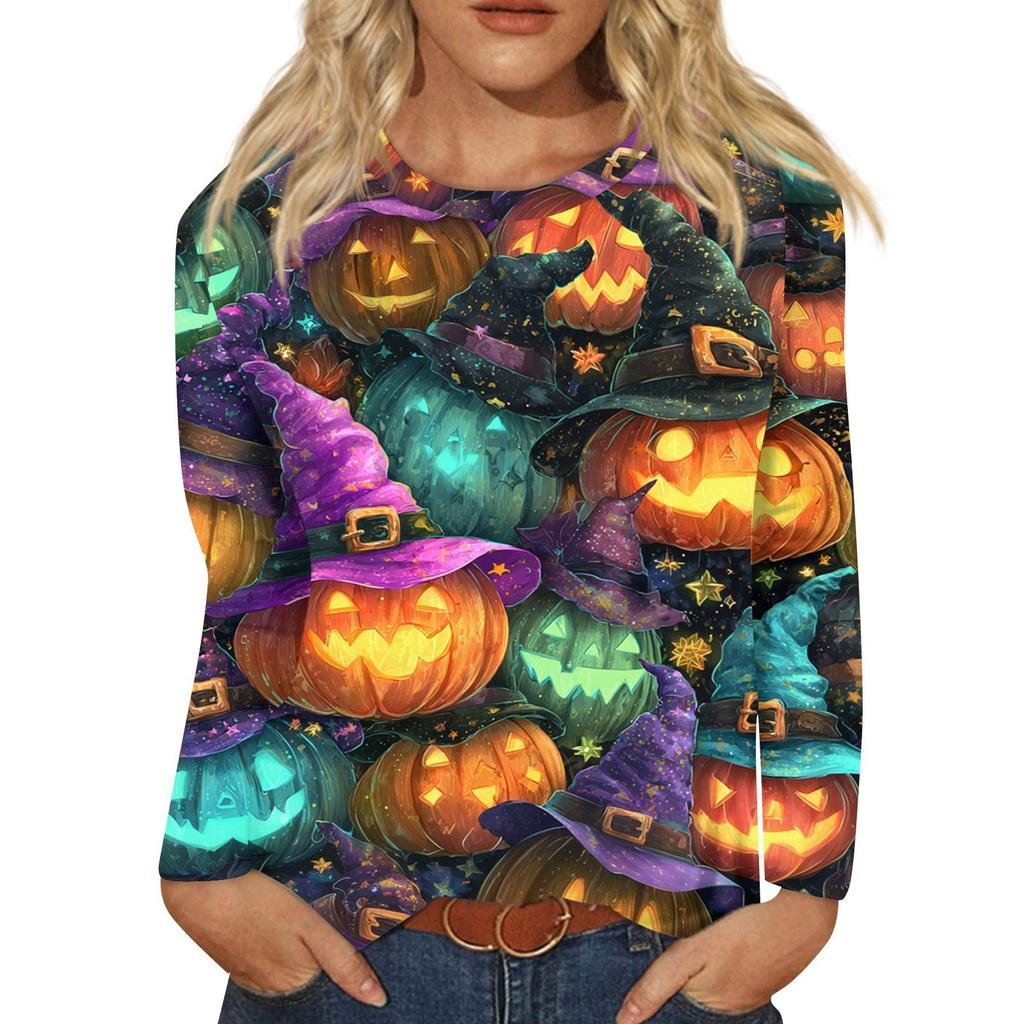 Dames casual top met lange mouwen en Halloweenprint, ronde hals