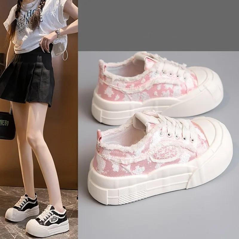 Moda 2024 Primavera Nuevos Zapatos Deportivos de Mujer Estilo de Moda Cordones Suela Gruesa Zapatos Vulcanizados Diseño de Marca Casual Calle Zapatos de Lona