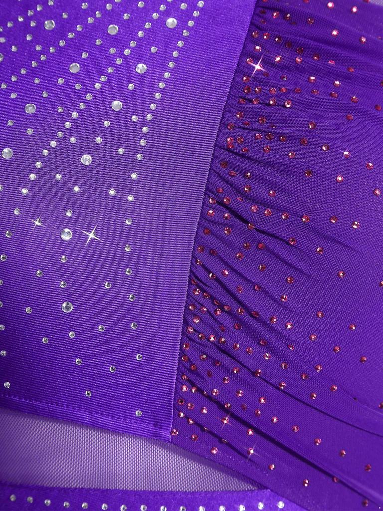 Lyrisches Tanzkleid für Damen Glänzende Strasssteine Colorblock Patchwork Seitenschlitz Mesh Bühnenbekleidung