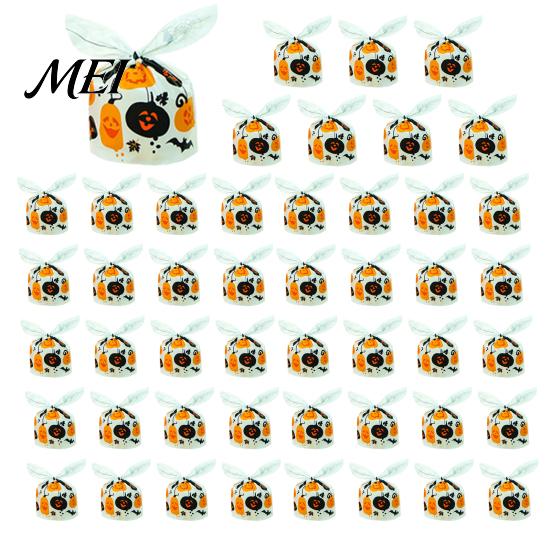 Halloween Souvenir Gift Packaging 48 Pcs Candy Bags, Kids Trick or Treat Goodie Cute Rabbit Transparent Cookie Bags with Drawstrings Ear Small Plastic