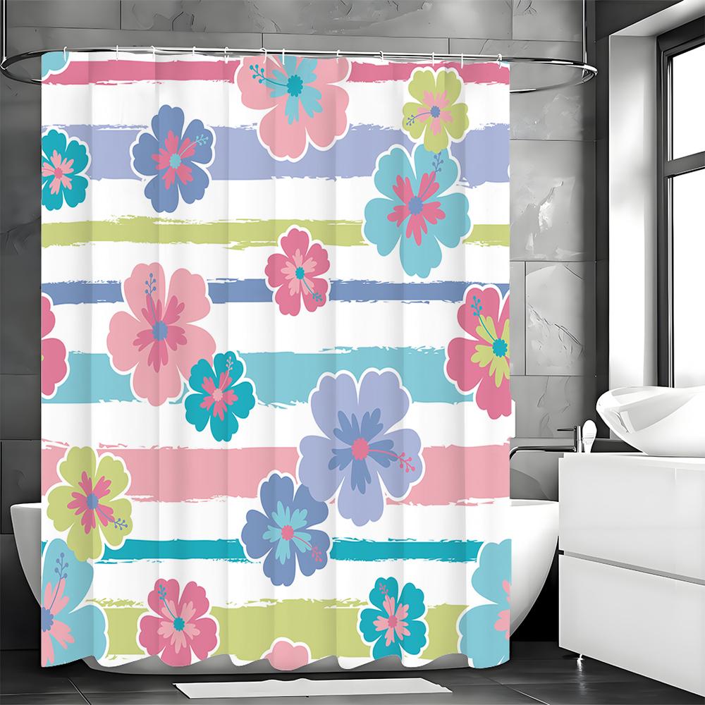 Colorful Striped Flower Shower Curtain, Bathroom Decorative Shower Curtain, Waterproof Shower Curtain with Hooks