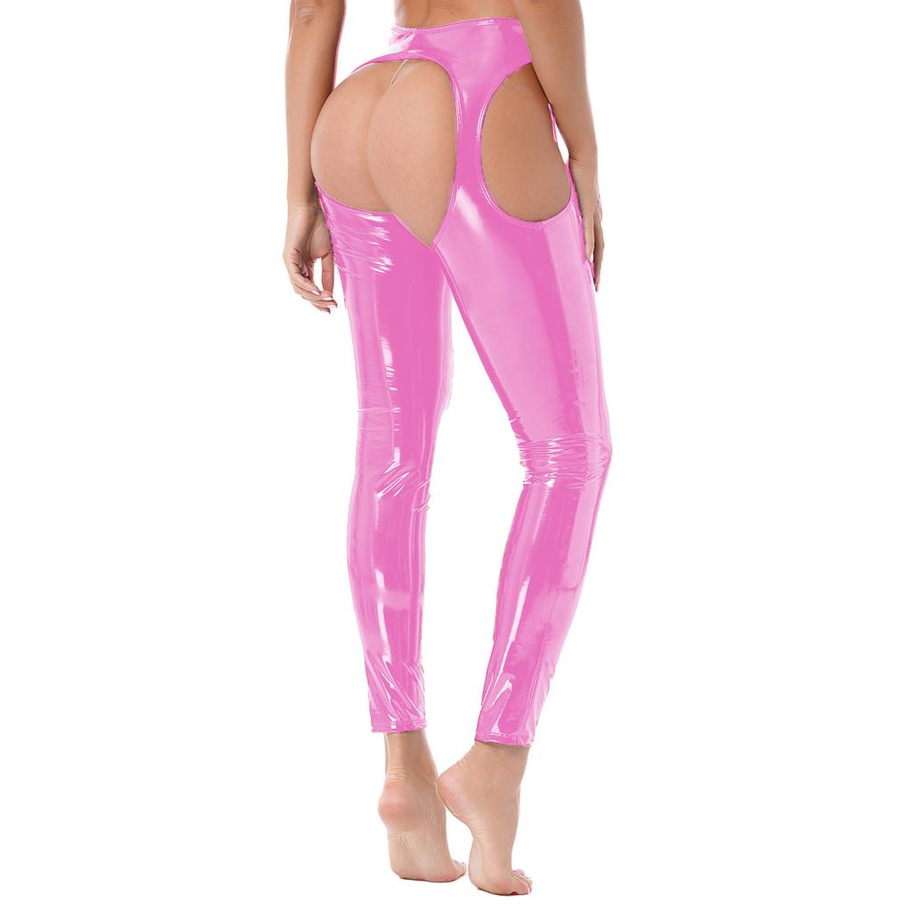 Womens Wet Look High Waist Cutout Leggings Crotchless Open Butt Patent Leather Skinny Pants Clubwear