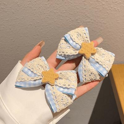 Mädchen Haarspange Hohlspitze Spitze Doppel-Schicht-Design Blau kariert Holzstern Dekoration Haarspange College-Stil Haar-Accessoire