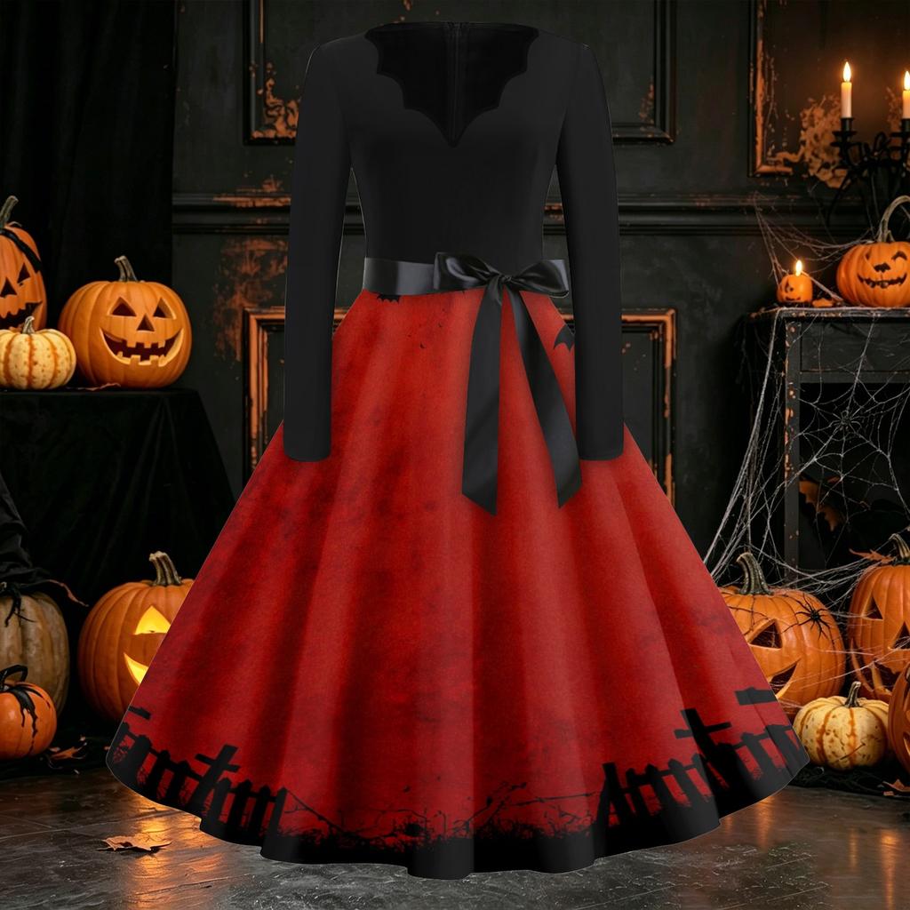 Women's Long Sleeve V Neck Vintage Style Dress with Halloween Print Casual Retro Fit and Flare Midi Dress with Waist Tie for Everyday Wear