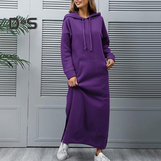 Kvinner Høst Vinter Ensfarget sweatshirtkjole Hette med snøring Langermet frontlomme sidesplitt maxikjole