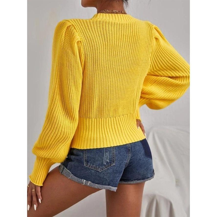 Solid Color Knitted Sweater Women's Round Neck Pullover Lantern Sleeve Top